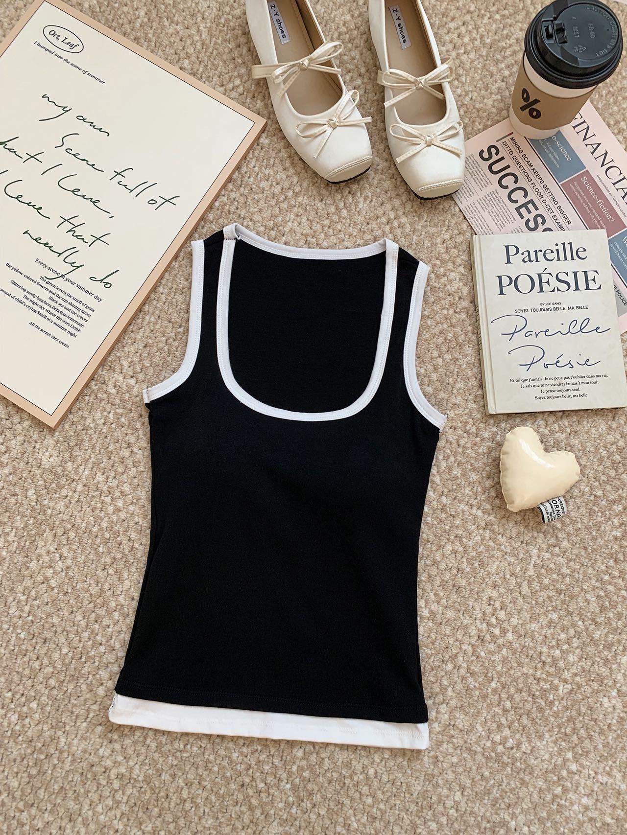 

66036# Summer French Color Block Square Neck Tank Top with Wide Shoulder Straps - High-End Women s Sleeveless Camisole One Size