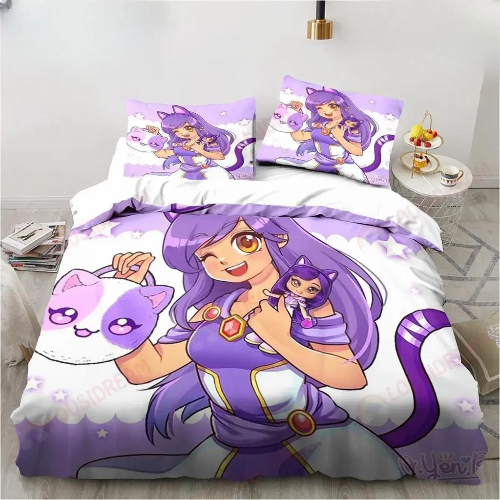 3D Print Cute Aphmau Bedding Set Game Cartoon Aphmau Duvet Cover Set Single/Twin/Double Size Child Bedding Set Soft Polyester