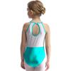 Leotard da ginnastica da bambina con strass scintillanti, senza maniche, schiena con buco, body color block
