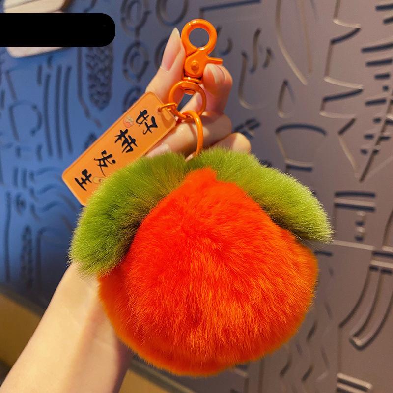 Novelties Rex Rabbit Hair Fruit Persimmon Car Backpack Ornaments Cute Soft Feel Decompression Bag Charm