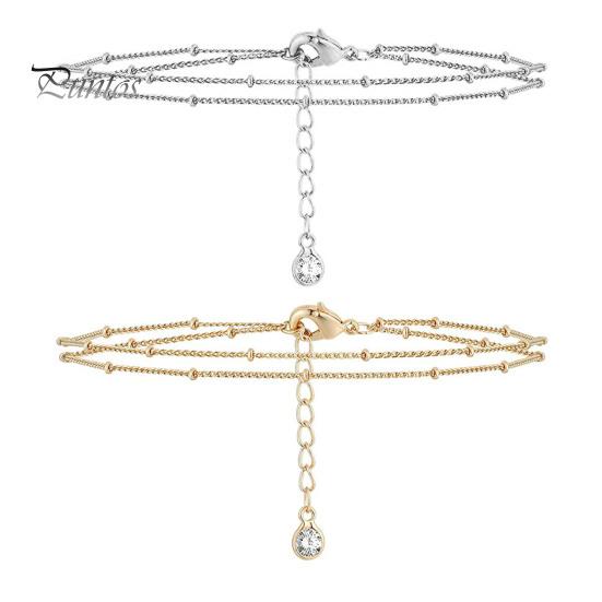 Brățară cu lanț de mărgele cu strat dublu elegant, cu incrustație de strasuri, lanț de extensie reglabil, brățară metalică pentru femei