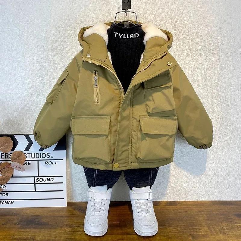 Winter Daunenjacke aus Baumwolle für Jungen, schwarzer Kapuzenmantel, Kinderoberbekleidung, Kleidung für Teenager, Parka, gepolsterter Schneeanzug
