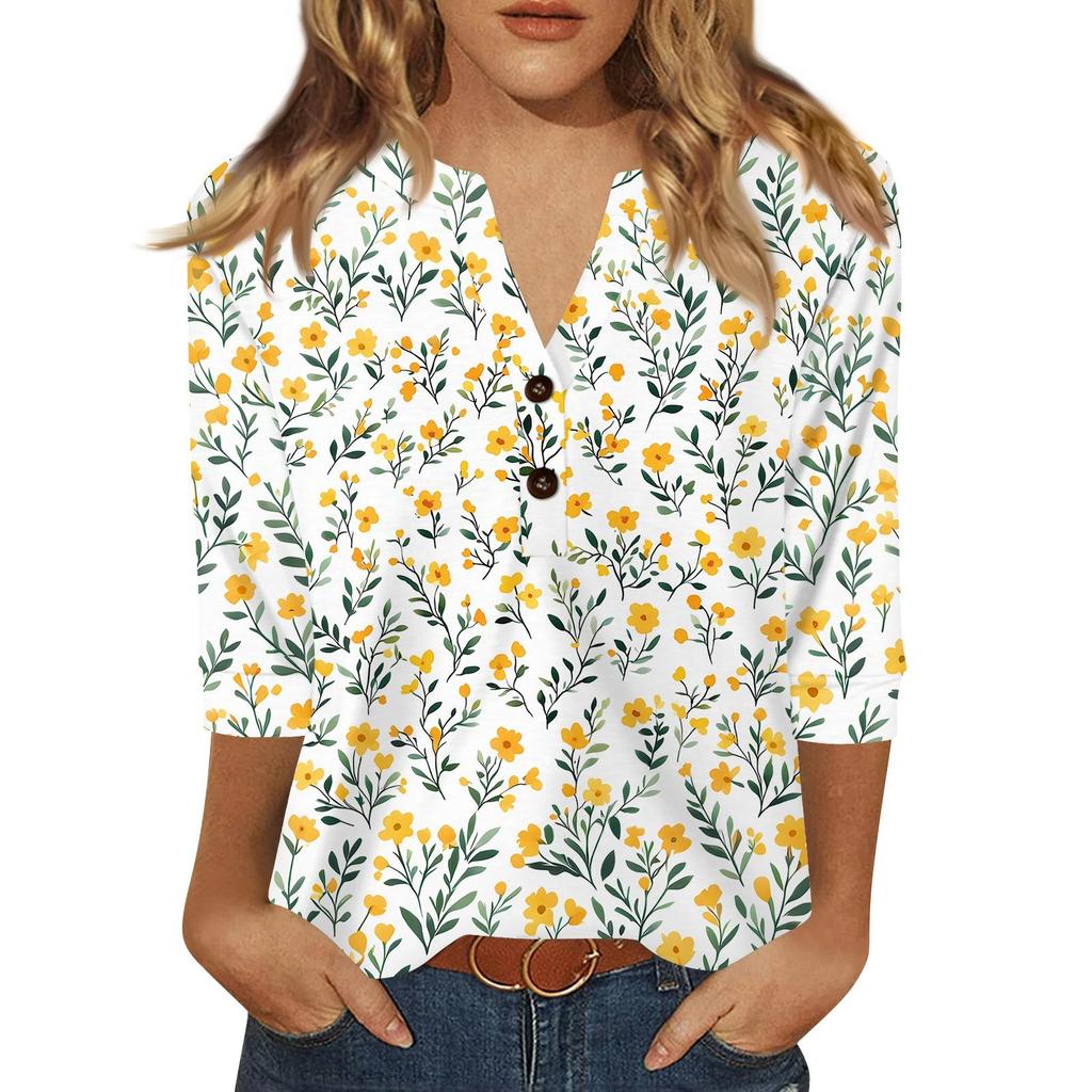 Women's T Shirt Print Button 3/4 Sleeve Daily Weekend Fashion Basic V- Neck Regular Top