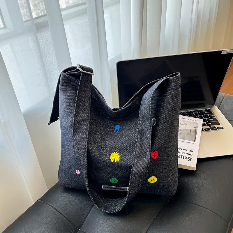 High-End bestickte Denim-Tasche Damen neue trendige Mode Schulter-Umhängetasche Pendler-Bucket-Bag