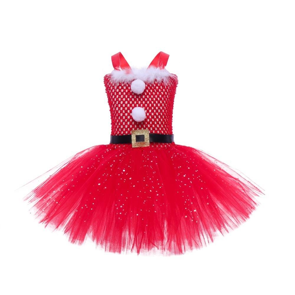 Kids Girls Christmas Santa Claus Mesh Tutu Dress Headwear Set Children Halloween Cosplay Costumes Child Pretend Princess Party Role Play Outfit