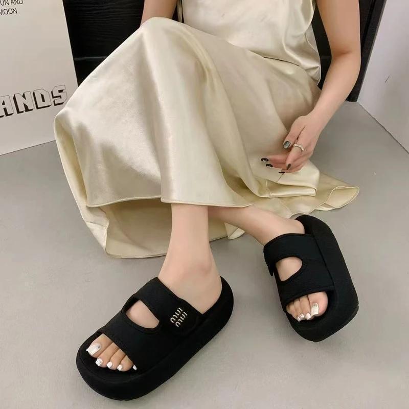 Thick-bottomed Velcro slippers for women's summer outer wear 2025 new height-increasing versatile high-end explosion with skirt cool slippers