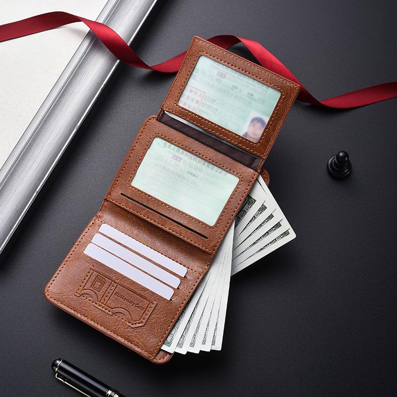 Leather Rfid Wallets for Men Vintage Thin Short Multi Function ID Credit Card Holder Money Bag with 2 ID Windows Gift for Him