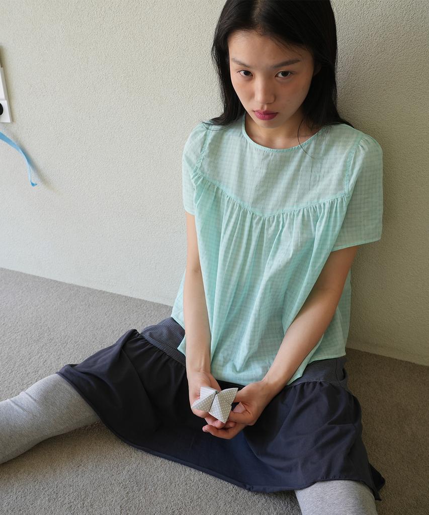 NAATS Check Shirring Half Blouse, Mint