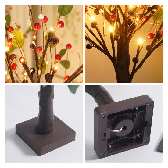 LED Birch Tree Light with Red Berries Mini Glowing Birch Tree for Tabletop Decor Festive Home Party Wedding Centerpiece Decorations