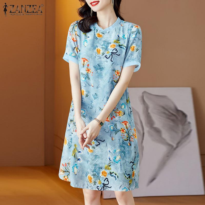 

ZANZEA Женское летнее повседневное платье с круглым вырезом и короткими рукавами с цветочным принтом
