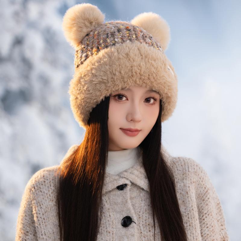 Korean Version of Autumn and Winter Hat for Women's Cute Ear Big Head Wool Hat Fashionable and Versatile Plus Velvet Warm Knitted Hat