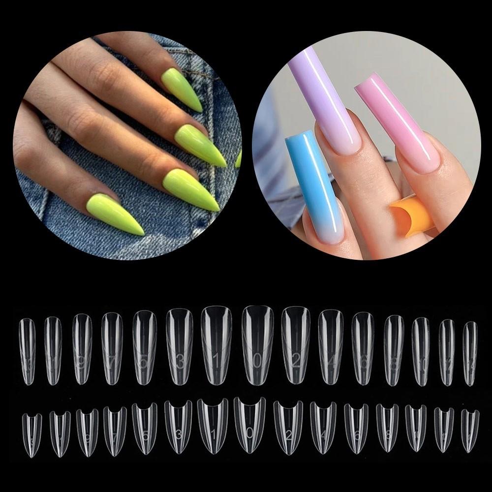 240pcs Coffin Shape Sandwich Nail Forms Ultra-Thin No-Trace Double-Sided Fake Nails with Auxiliary Line Almond Shape Nail Tips