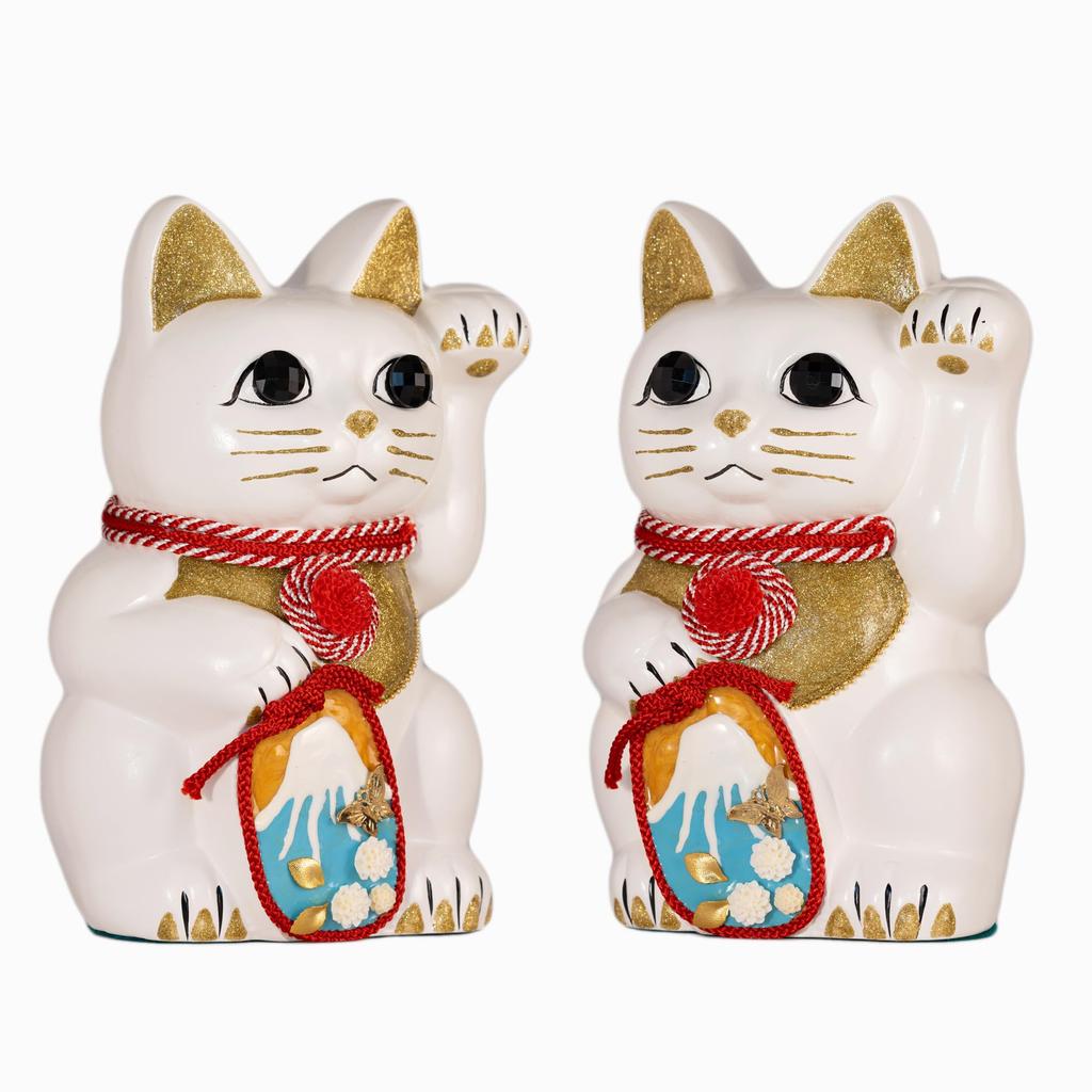Lucky Cat Mount Fuji Left Paw Raised Ceramic Lucky Cat Maneki Neko Fujiyama Lucky Feng Shui Figurine with Offering Box (L-SIZE White) / - (fj_L White)