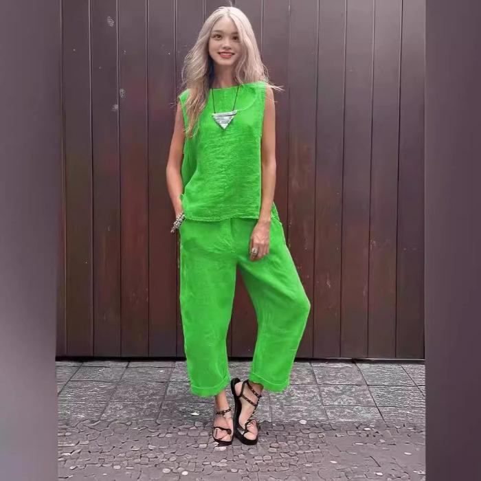 2024 Spring/Summer Cotton Linen Casual Two-Piece Set: Sleeveless Top & Loose Long Pants for Women