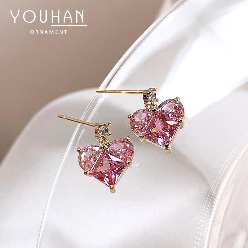 Sterling Silver Pink Heart Dangle Earrings - Korean Style, Shiny, Simple, Light Luxury Design for Women