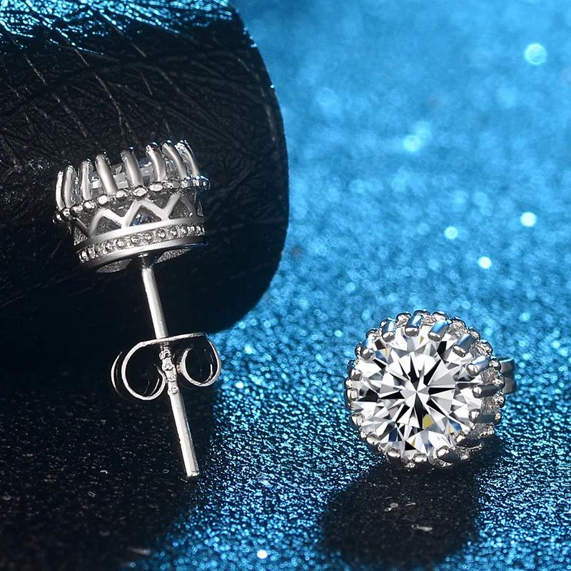 Hot Sale Women Earring Stud 1ct CZ Crystal  Silver Needle  Crown Stud Earrings with Round White Clear Zircon