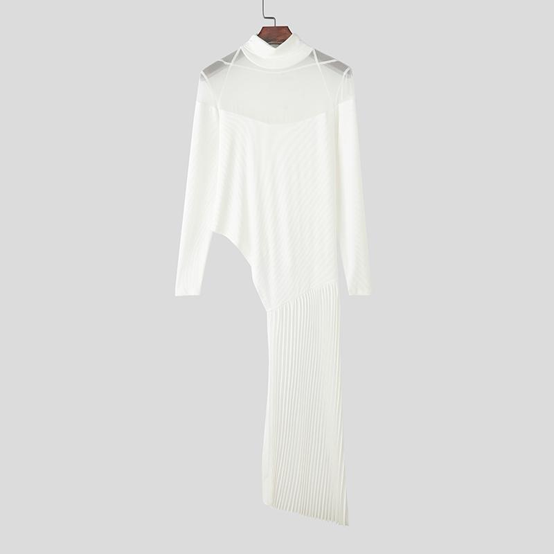 INCERUN Men Casual Turtleneck Long Sleeve Mesh Sheer Patchwork Irregular T-shirts Undershirts