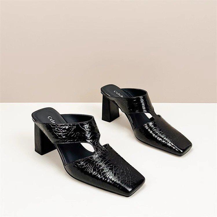 High-heeled cool slippers summer new bag head empty women's slippers simple outer wear fashion square head thick heel slippers women