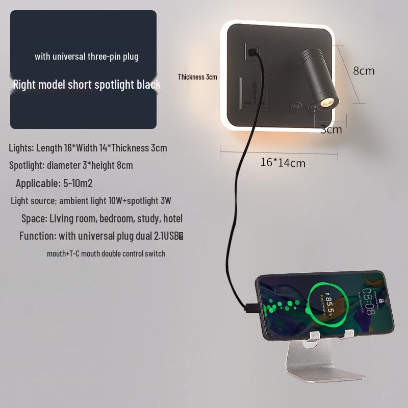 Modern Minimalist Indoor LED Wall Lamp with USB Reading Light for Bedroom or Living Room.