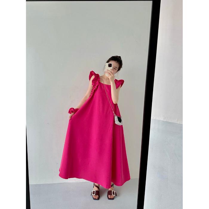 

Xiaofei Sleeve Rose Red Sleeveless Square Neck Dress Women s Summer New Sexy Backless Slim Skinny Skirt S розы красного