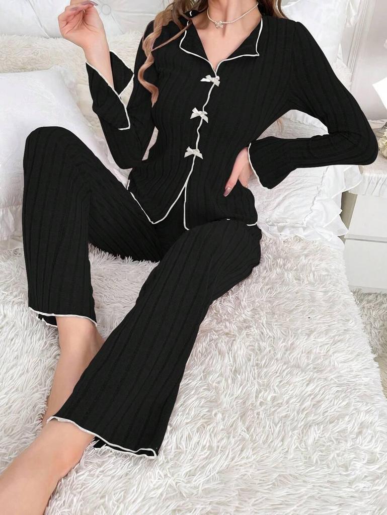 European & American Bow Lapel Pajama Set - Long Sleeve & Pants Casual Women's Homewear