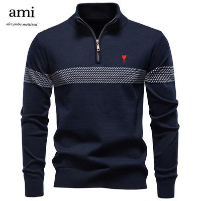 AMI 2025 Autumn and Winter Embroidery New Business Stand Collar Men's Pure Cotton Sweater, High-quality Casual Half Zipper Men's Top