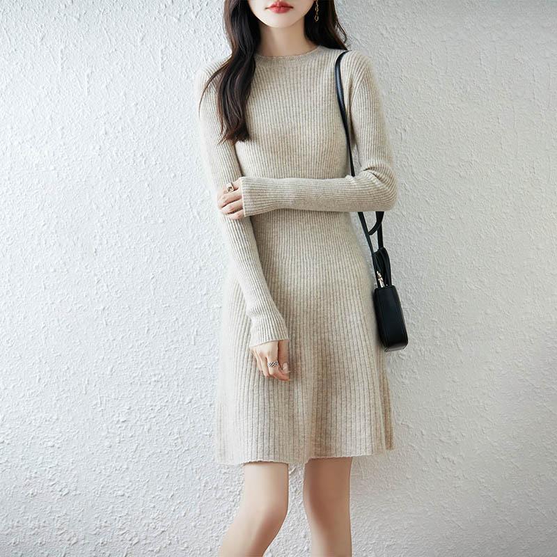 Women Sweater Dress 100% Wool TIDENOVEL O-neck Knit Long Pullover Winter Jumpers Wool Long Dress Female