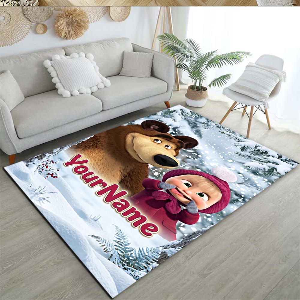 Masha Bear Customize Text Floor Mat Perfect for Dormitory Balcony Game Room Dining Room Anti-slip Rug Anime Office Decor