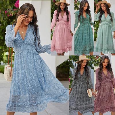 Women's Fashion Loose Casual V Neck Printed Long Sleeve Dress Floral Dress Plus Size