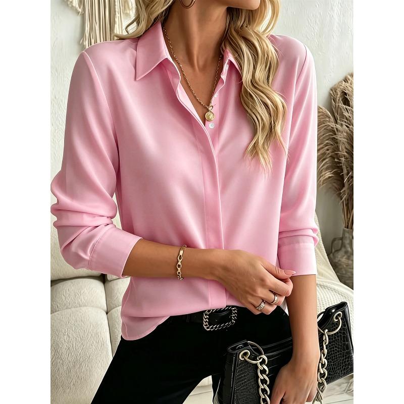 TIFICY Women's Fashion Casual Spring Autumn Solid Color Print Long Sleeve POLO Neck Blouses & Shirts