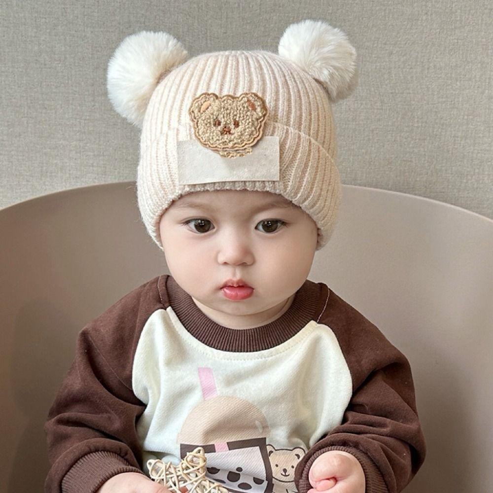 0-3Year Plush Ball Baby Knitted Hat Solid Color Beanie Hats Children Warm Cap  Baby Children Kids