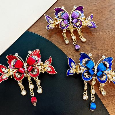 1/3Pcs Butterfly Hair Clips Rhinestone Butterfly Tassel Hair Claw Clips Vintage Boho Ponytail Holder