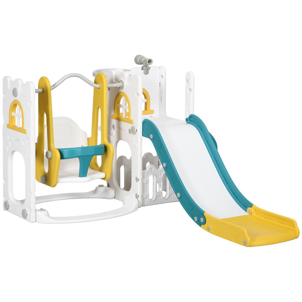 6-in-1 Swing and Slide Set, Kids Playground with Basketball Hoop, Telescope, Storage Space - Yellow