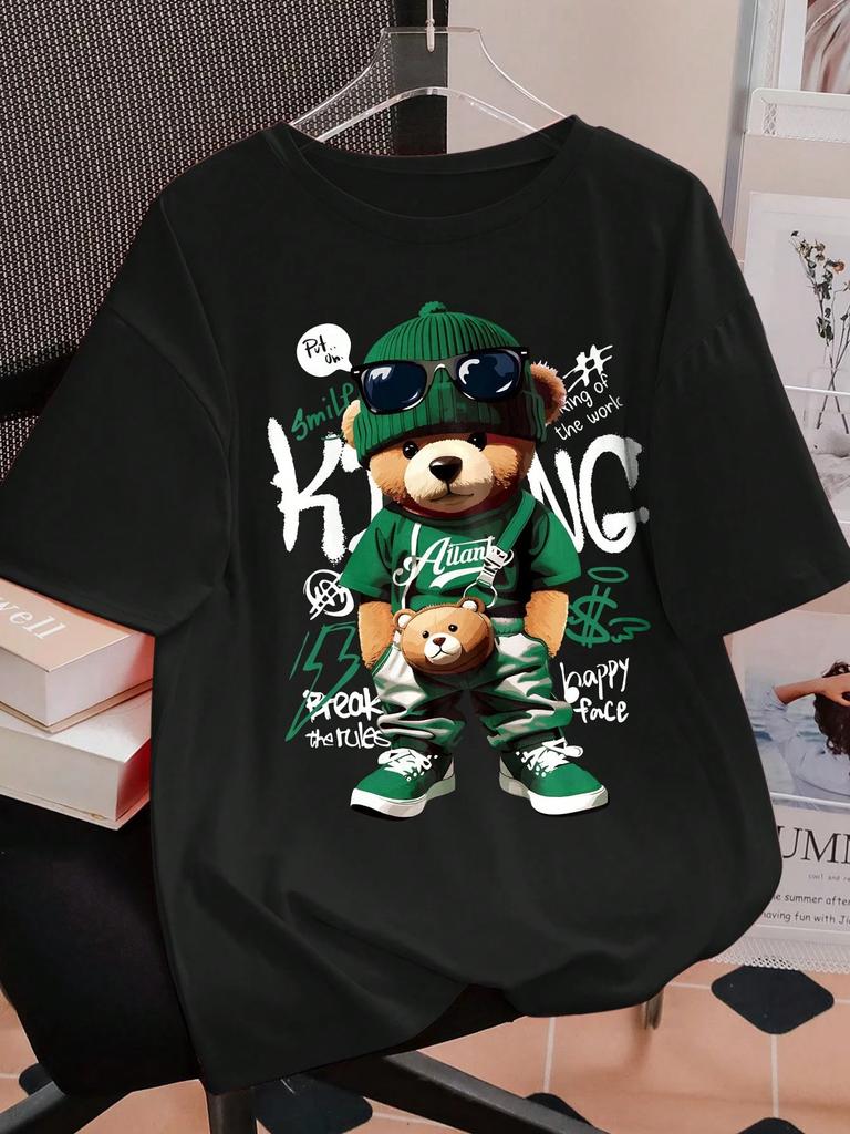 New Style Cartoon Bear Graphic T-shirt Men Casual Loose O-Neck Fashion Top Loose Breathable Cotton Short Sleeve Comfortable Top