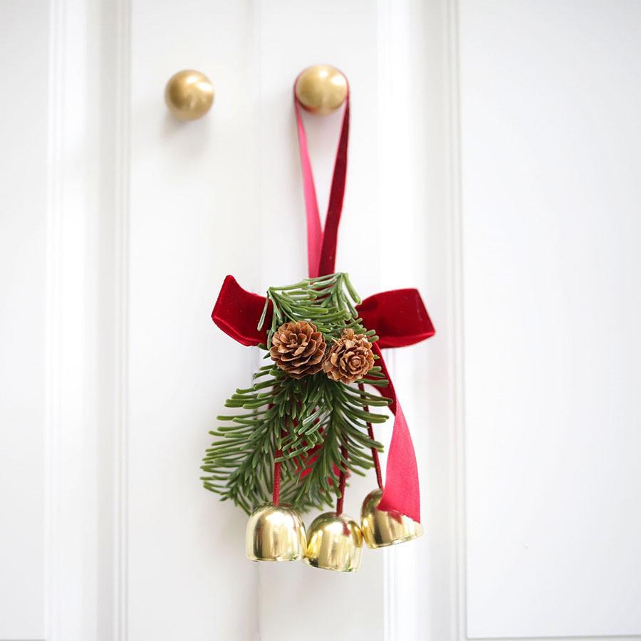 Christmas Bell Pendant with Velvet Bow and Pine Cone Tree Decoration