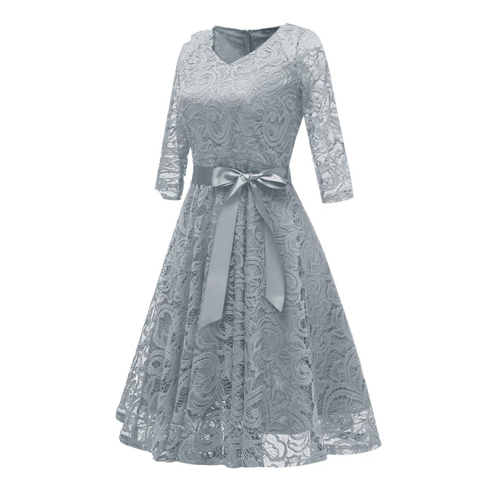 Women's Fashion Vintage V-Neck Long Sleeve Lace  Retro Slim Evening Dress