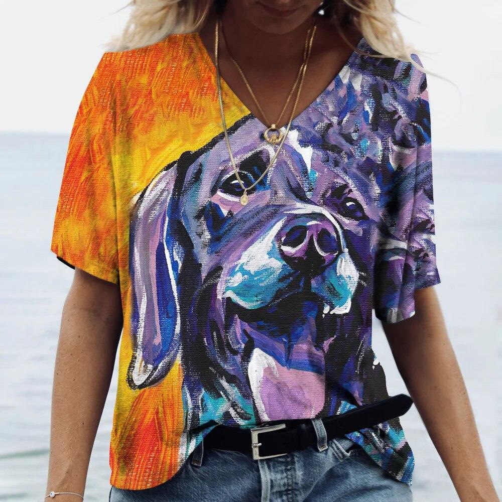 Încântător Harajuku tricou pentru femei grafic drăguț desene animate cu decolteu în V câine imprimeu 3D curți mari Topuri cu mânecă scurtă de vară doamnelor mărime asiatică