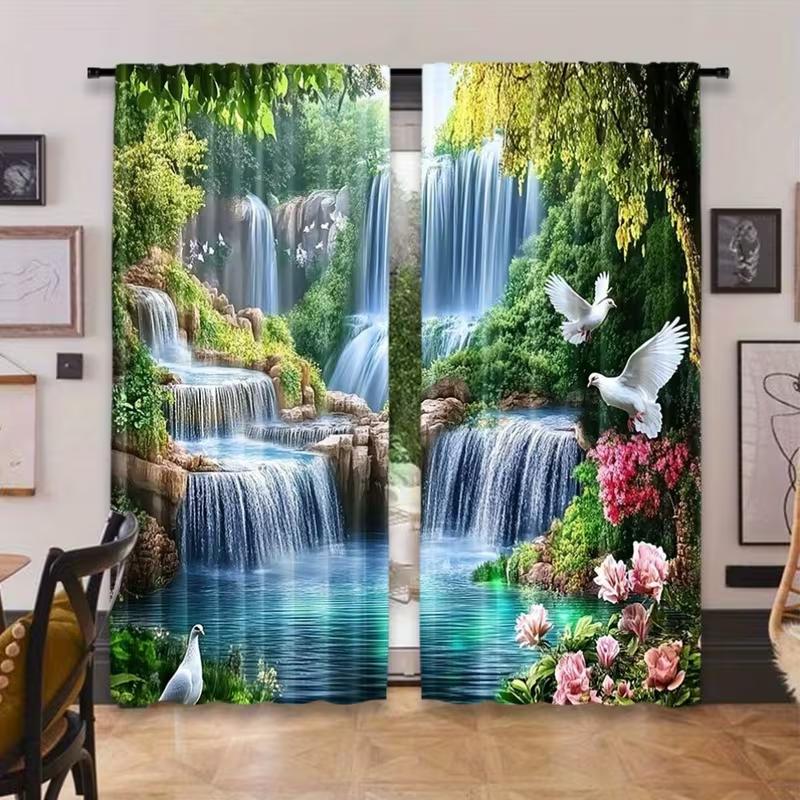 Modern Vikama New Flat Large Curtains Set Featuring Tropical Waterfall Scene Design Home Decoration Curtain Polyester