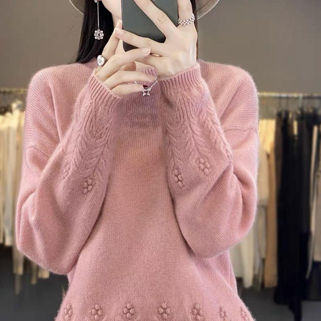 Rundhalspullover für Damen im Herbst und Winter, einfarbig, lockerer Jacquard-Pullover und Pullover mit weicher, klebriger Strickbasis