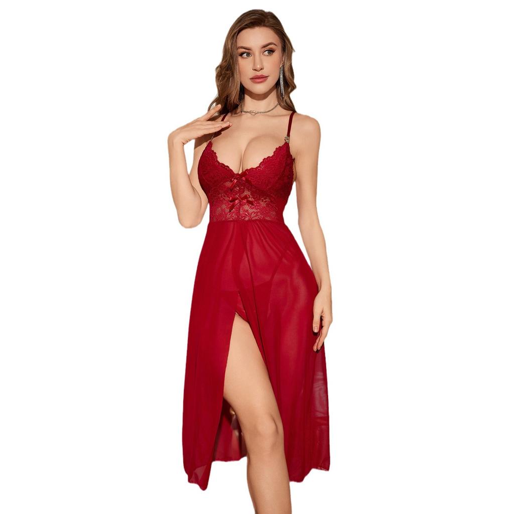 Europe and the United States popular sex underwear sexy women's suspender mesh perspective split long nightdress