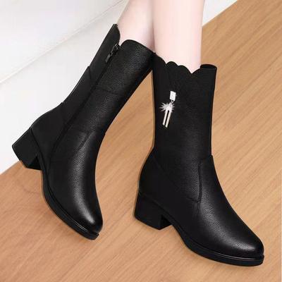 Buty typu mid-tube Buty krótkie na grubym obcasie Jesienne buty damskie ze skóry syntetycznej na średnim obcasie