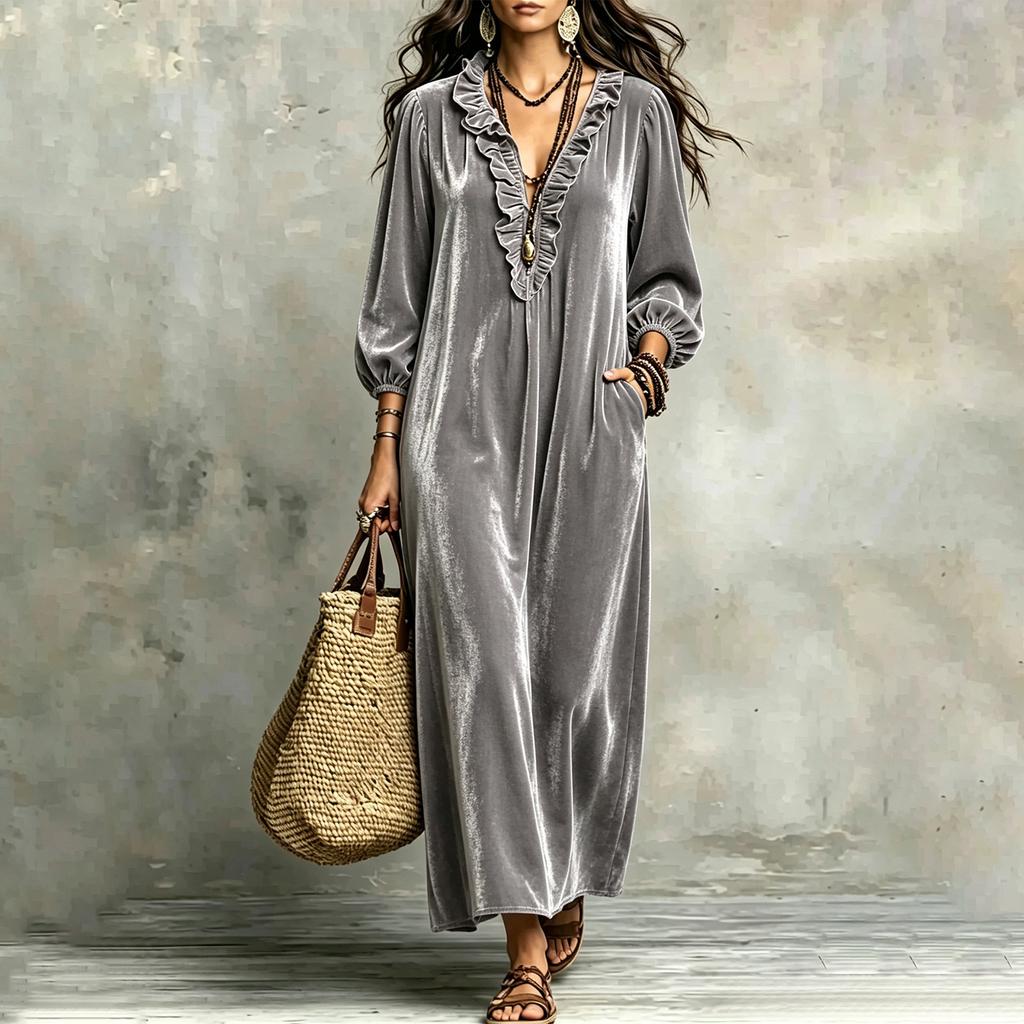 Women's Bohemian V-Neck Long Sleeve Maxi Dress with Sleeves and Loose Fit for Casual Wear