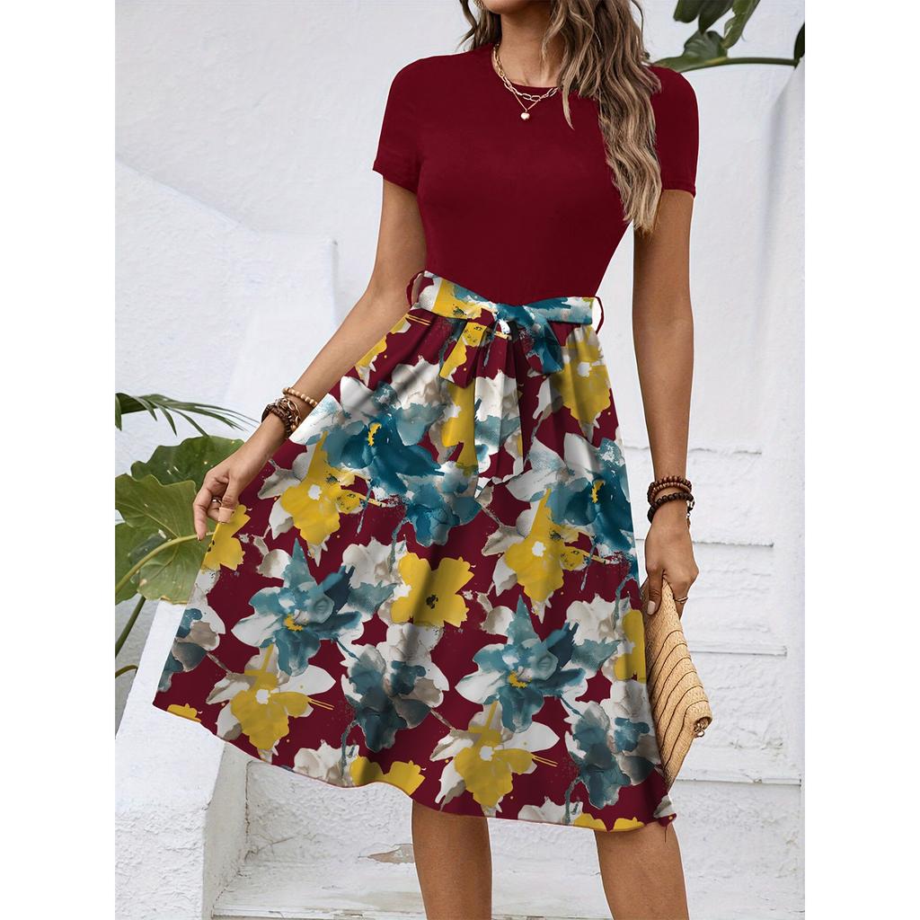 Women's Fashionable Retro Patterned Printing Color Blocked Belt Casual Dress