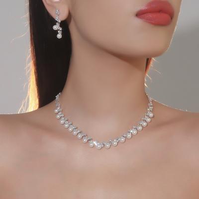 Set di gioielli da sposa in due pezzi, con collana, orecchini e perle di diamanti super flash di lusso premium