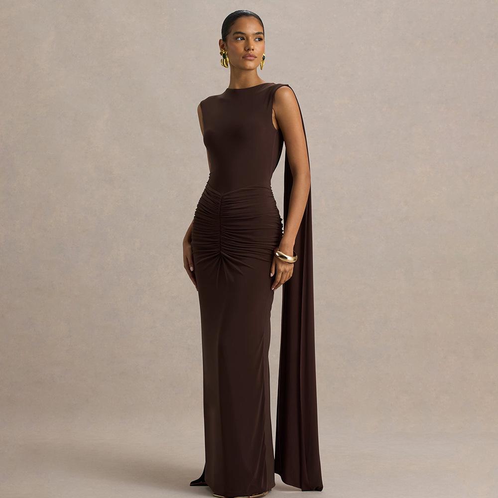 Spring Elegant European and American Women's Evening Gown - Sexy Backless Long Skirt with Flowing Ribbon