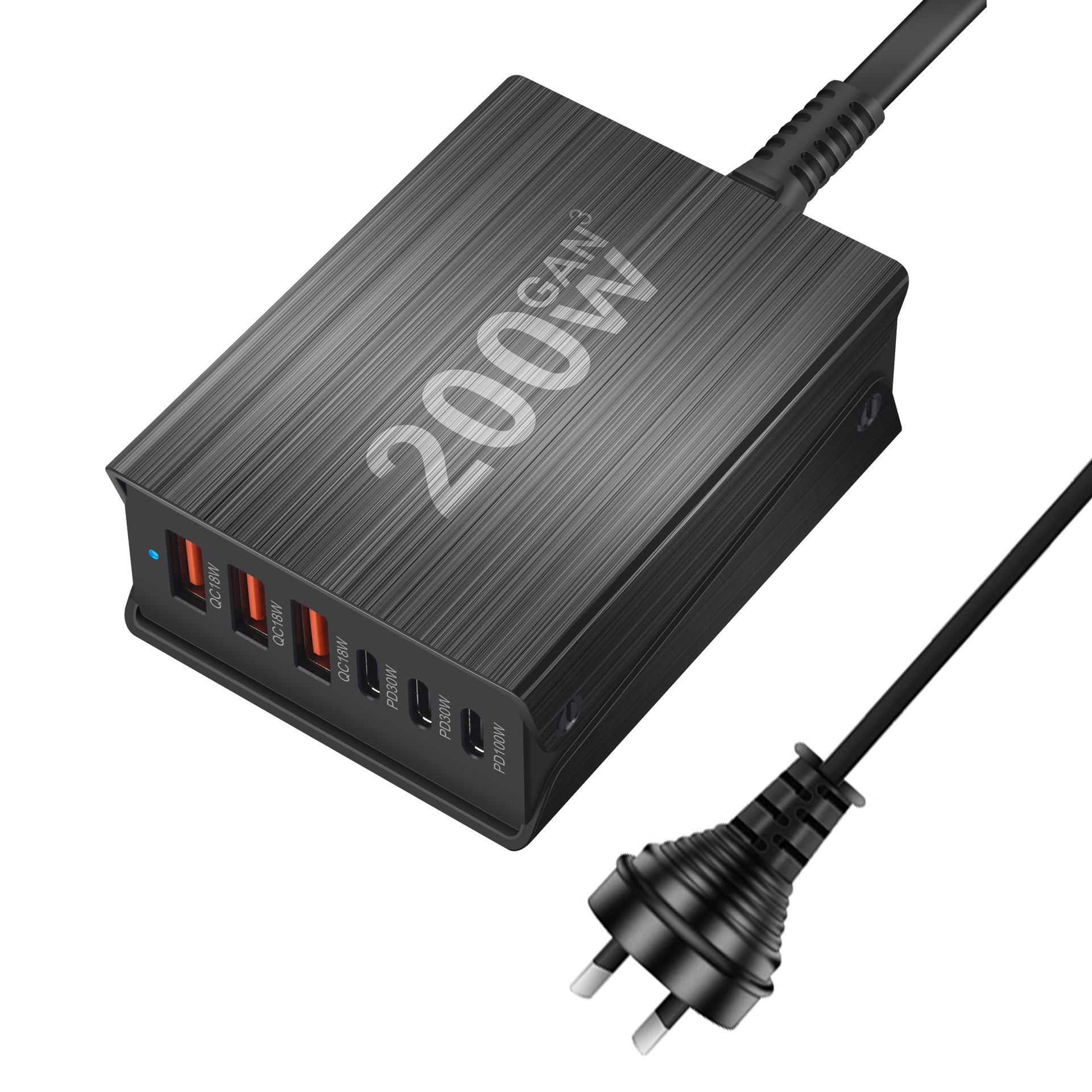

200W Multi-Function 4C2A Gallium Nitride Desktop Charger with PD Fast Charging AUS Plug 3C3A чорний