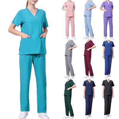 2 Pieces Outfits Women Nursing Working Tops+Loose Pants Nurse Suit Short Sleeve Quick Dry V-neck