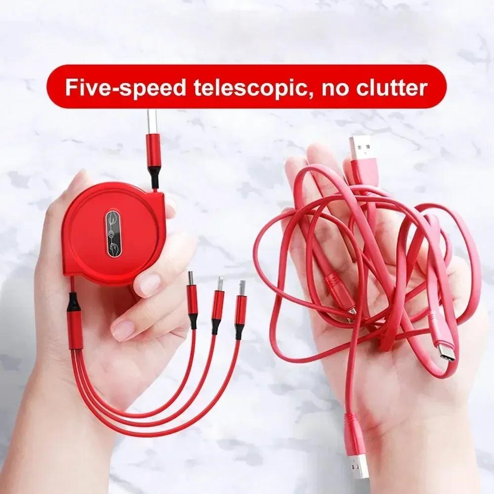 1 Pcs Retractable 3in1 USB Type C Micro USB 8 Pin Cable for Phone Charger Cable 110cm 3A Fast Charging USB C Cable Amagi