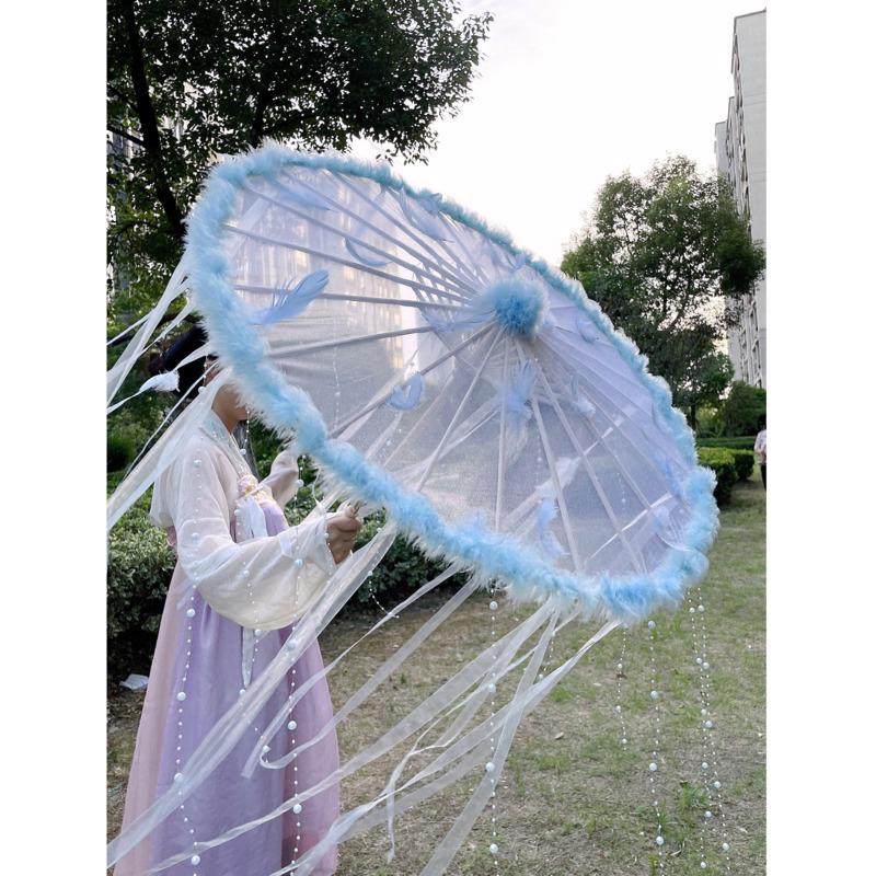 LED Chinese Japan Yarn Oiled Paper Silk Cloth Umbrella Costume Ancient Princess Umbrella Drama White Craft Umbrella Cosplay