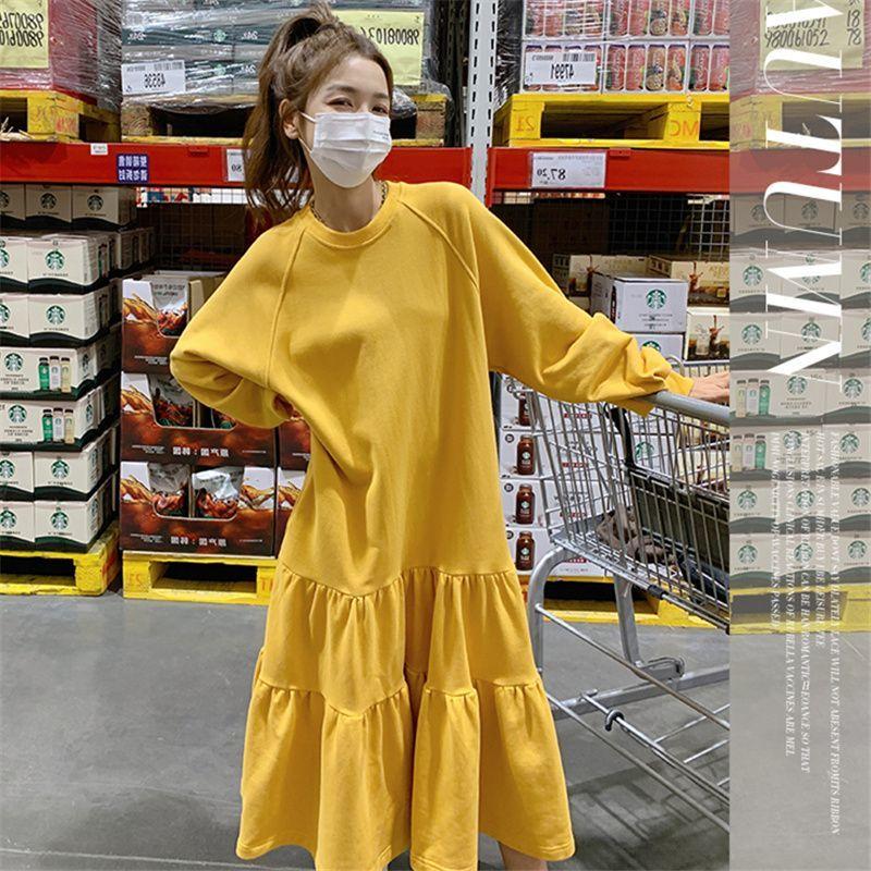 Lekka Sukienka z Długim Rękawem na Wiosnę Jesień Zimę Plus Size Luźna Draperia Falbany Linia A Bluza z Kapturem Długa Spódnica